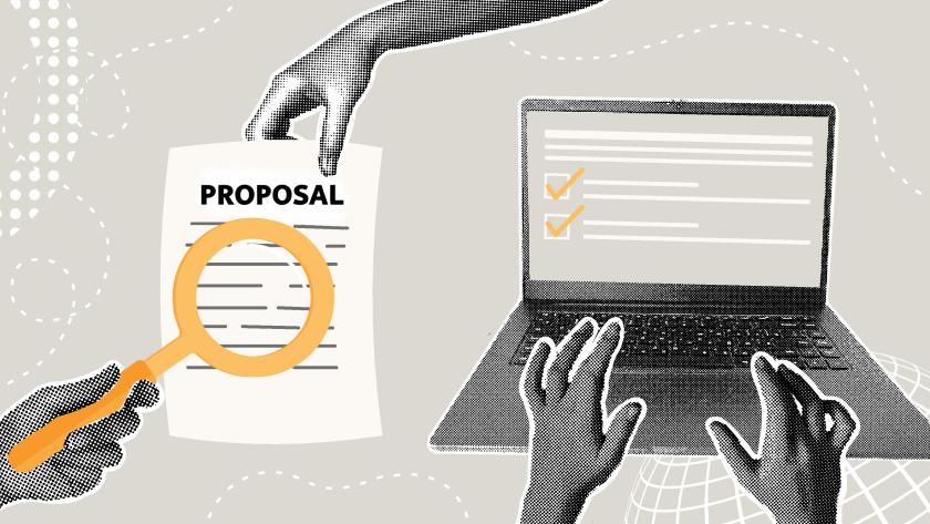 Illustration of hands reviewing a proposal document with a magnifying glass alongside a laptop displaying checklist items, representing evaluation and decision-making.