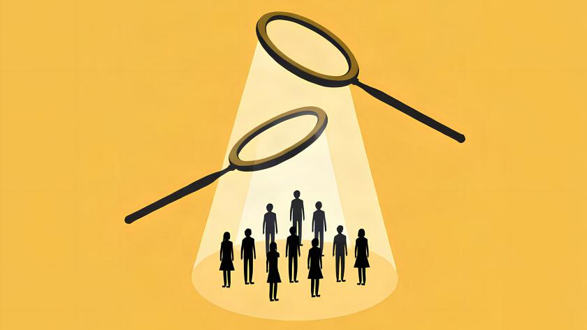 graphic image with a yellow background. Two magnifying glasses with people standing under the cone