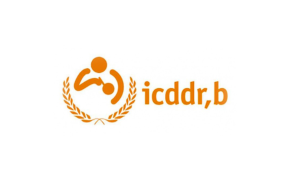 icddr,b logo features a caregiver with a thermometer and child inside a wreath