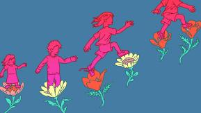 Colorful illustration of children stepping on flowers