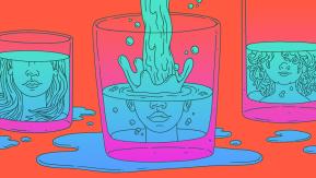 Colorful illustration of glasses of water containing faces