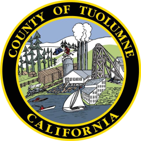 Logo of Tuolumne County, California, depicting industry, skiing, forestry, water sports, etc.