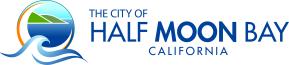 The image displays the logo for the city of Half Moon Bay, California. It features a stylized wave and a coastal depiction within a circular design. The text reads "The City of Half Moon Bay" prominently, with "CALIFORNIA" below in a smaller font. The color scheme includes blues, greens, and an orange accent, highlighting its coastal theme.