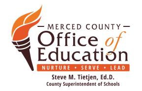 The image features the logo for the Merced County Office of Education. The design includes a stylized torch with flames, which symbolizes knowledge and education. The text prominently displays "Merced County Office of Education," with "Office of" in a larger font size. Below, the words "NURTURE • SERVE • LEAD" are featured in an orange rectangular banner. At the bottom, it states the name of the Superintendent, Steve M. Tietjen, Ed.D., with "County Superintendent of Schools" below it. The color palette cons