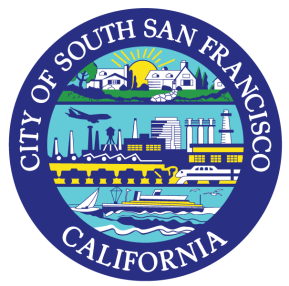 The image shows the seal of the City of South San Francisco, California. It features a circular design divided into sections: a sunrise over homes at the top, industrial elements like factories and an airplane in the middle, and a boat on water at the bottom. The text "CITY OF SOUTH SAN FRANCISCO" arcs around the top, and "CALIFORNIA" is at the bottom, both in white against a blue background. The seal highlights the city’s community, industry, and coastal character.