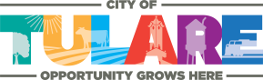 The image displays the logo for the City of Tulare, California. The design features the word "TULARE" in bold, colorful letters, each representing different local elements such as agriculture, the sun, and landmarks. Below, the phrase "OPPORTUNITY GROWS HERE" indicates the city's focus on growth and community. The vibrant colors and imagery emphasize Tulare’s agricultural heritage and welcoming spirit.