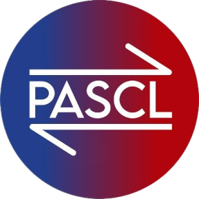 A circular logo divided into two halves, with the left side in blue and the right side in red. The white text "PASCL" is centered, accompanied by two white arrows pointing left and right.