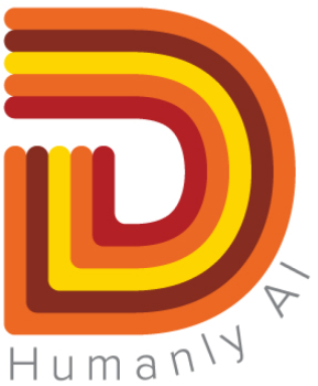 A logo featuring a stylized letter "D" made up of layered, curved stripes in orange, yellow, red, and brown shades. The text "Humanly AI" is positioned below the "D" in a simple gray font. The design gives a modern, warm, and dynamic appearance.
