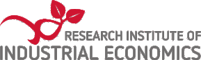A logo featuring a stylized design that incorporates a red, flowing line forming a leaf motif. Beneath the graphic, the text reads "RESEARCH INSTITUTE OF INDUSTRIAL ECONOMICS" in a modern, gray font. The overall design conveys a blend of research and nature themes.