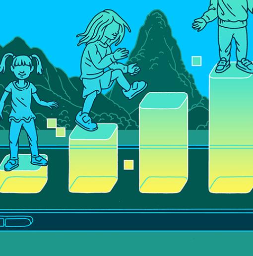 Illustration of children running on cuboids with parents on either side