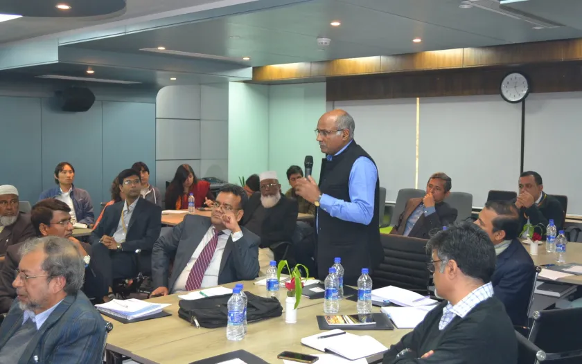 Sameer Maithal, director of Greentech Knowledge Solutions based in New Delhi, India, speaks at a 2018 stakeholder meeting.