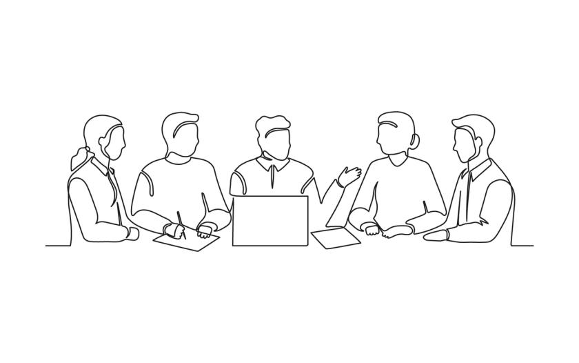 A minimalistic line drawing of a group meeting, depicting five individuals seated around a table. One person in the center is presenting to the group, gesturing with one hand while holding a pen in the other. The others are engaged, some taking notes, and a laptop is open in front of the presenter. The design conveys a collaborative and focused discussion atmosphere.